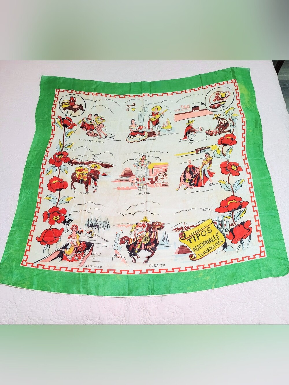 Vintage 60s Tijuana Mexico Souvenir Scarf Large 35"x34.5"